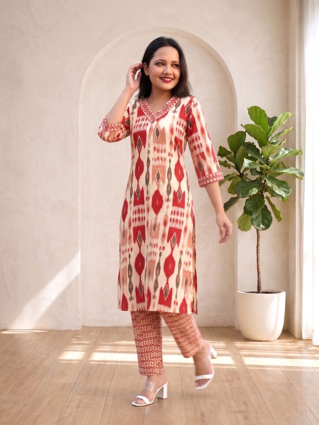SASHA CORAL PRINTED KURTA PANT SET