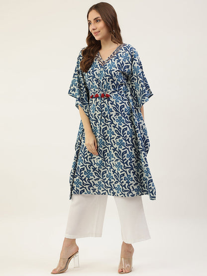 Women's Floral Printed Blue Cotton Kaftan