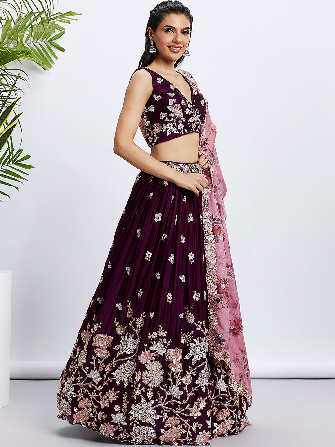 Women Burgundy Pure Georgette Sequins and thread embroidery  Lehenga choli & Dupatta