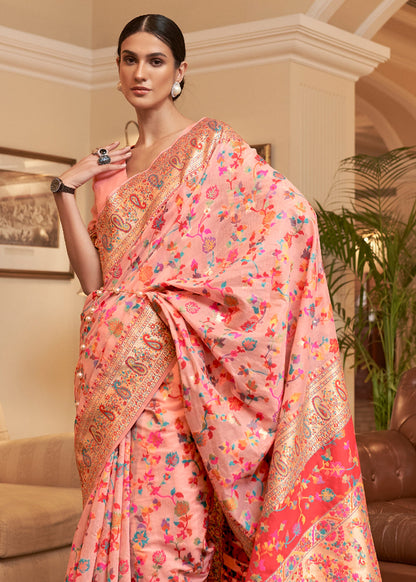 Dhiyona GR Women's Kalista Peachy Pink Woven Jamewar Kashmiri Banarasi Saree