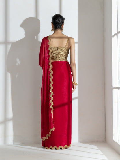 Dhiyona ST Vermilion Red Shimmer Chiffon Saree with Leaf Beaded Lace and Self Blouse Fabric