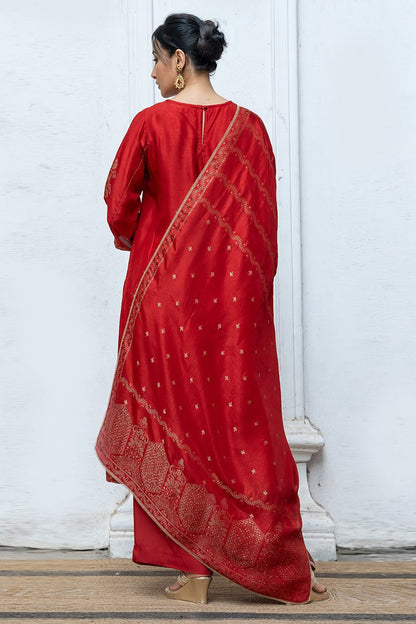 Women's Salsa Red Woven Salwar Suit With Zari Woven Raw Silk Dupatta