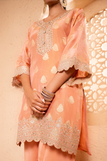 Isvan Tissue Embroidered Peach  Suit Set