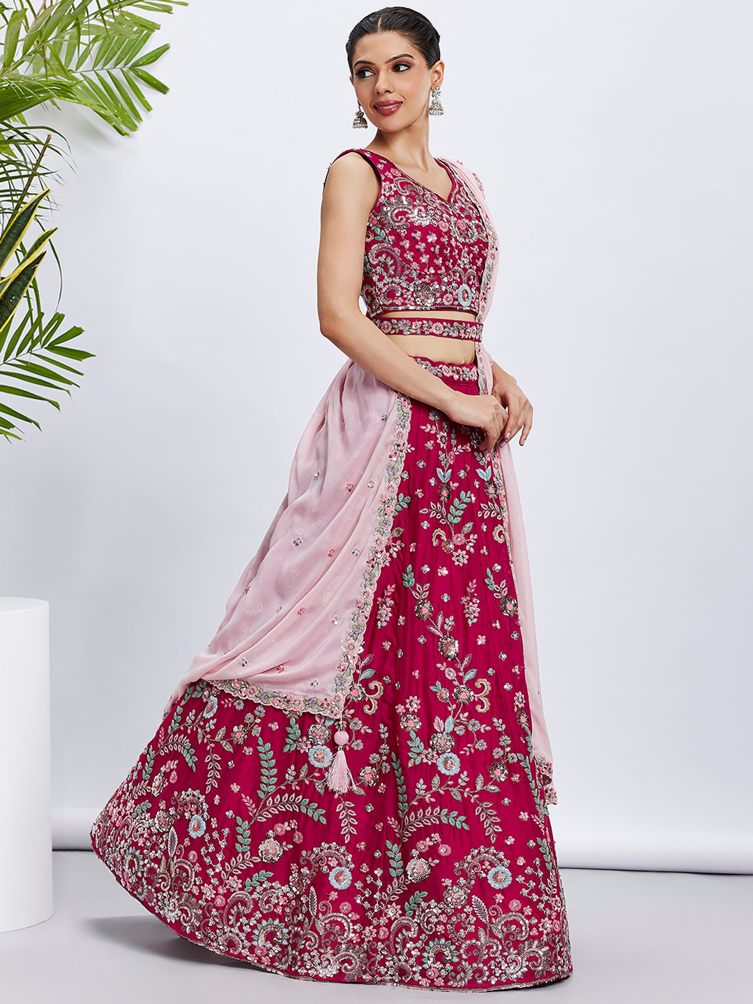 Women Rose Pure Georgette Sequins and thread embroidery  Lehenga choli & Dupatta