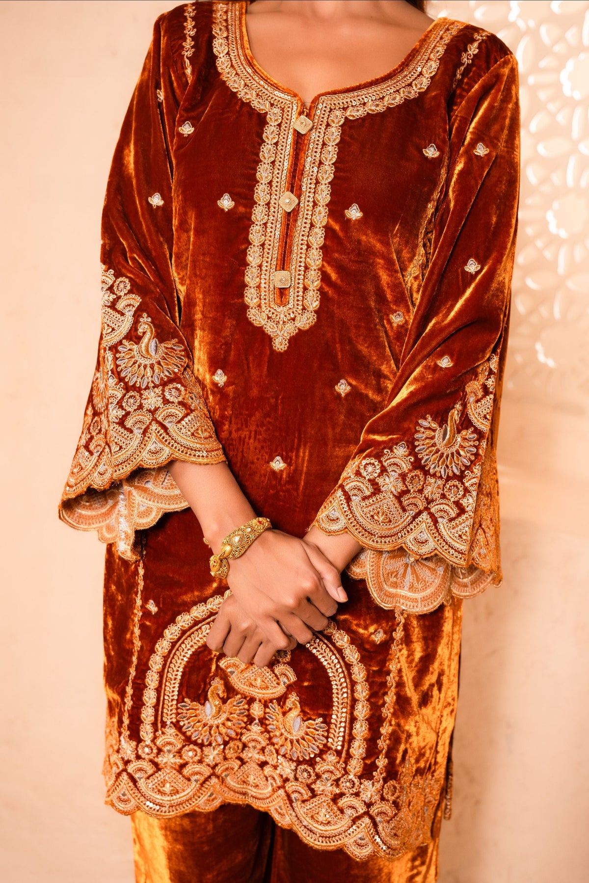 Saaz Silk Velvet Embroidered Rust  Suit Set
