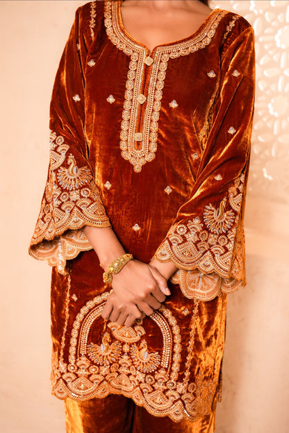 Saaz Silk Velvet Embroidered Rust  Suit Set