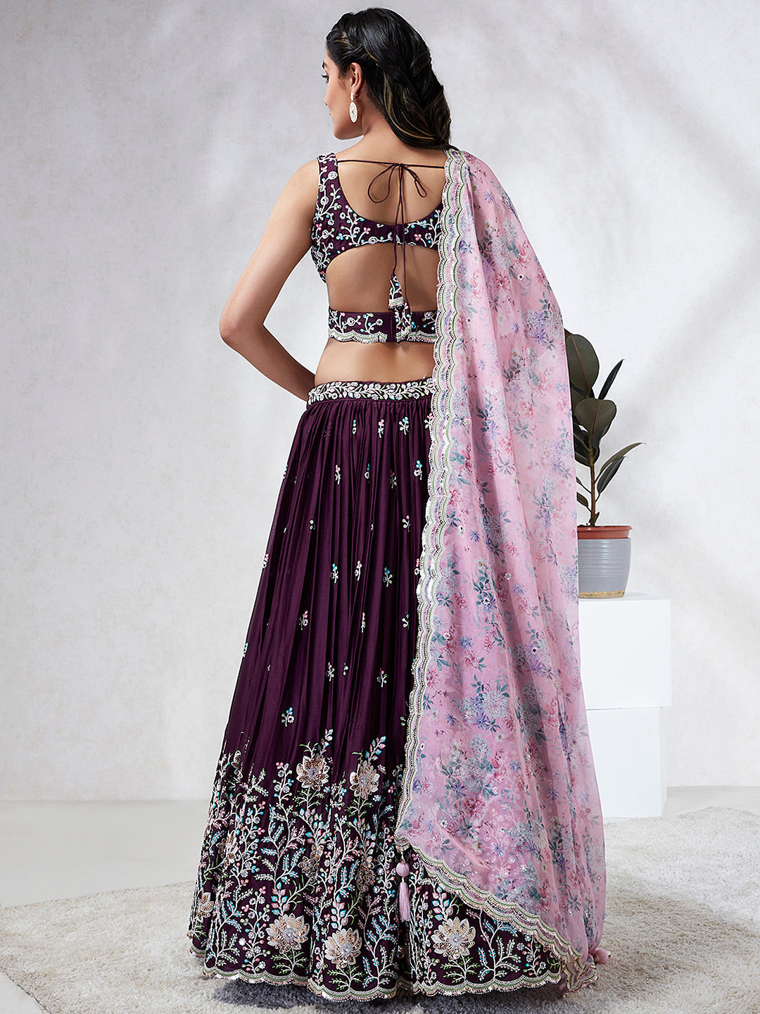 Women Burgundy Georgette Sequins, Mirror and thread embroidery  Lehenga choli & Dupatta