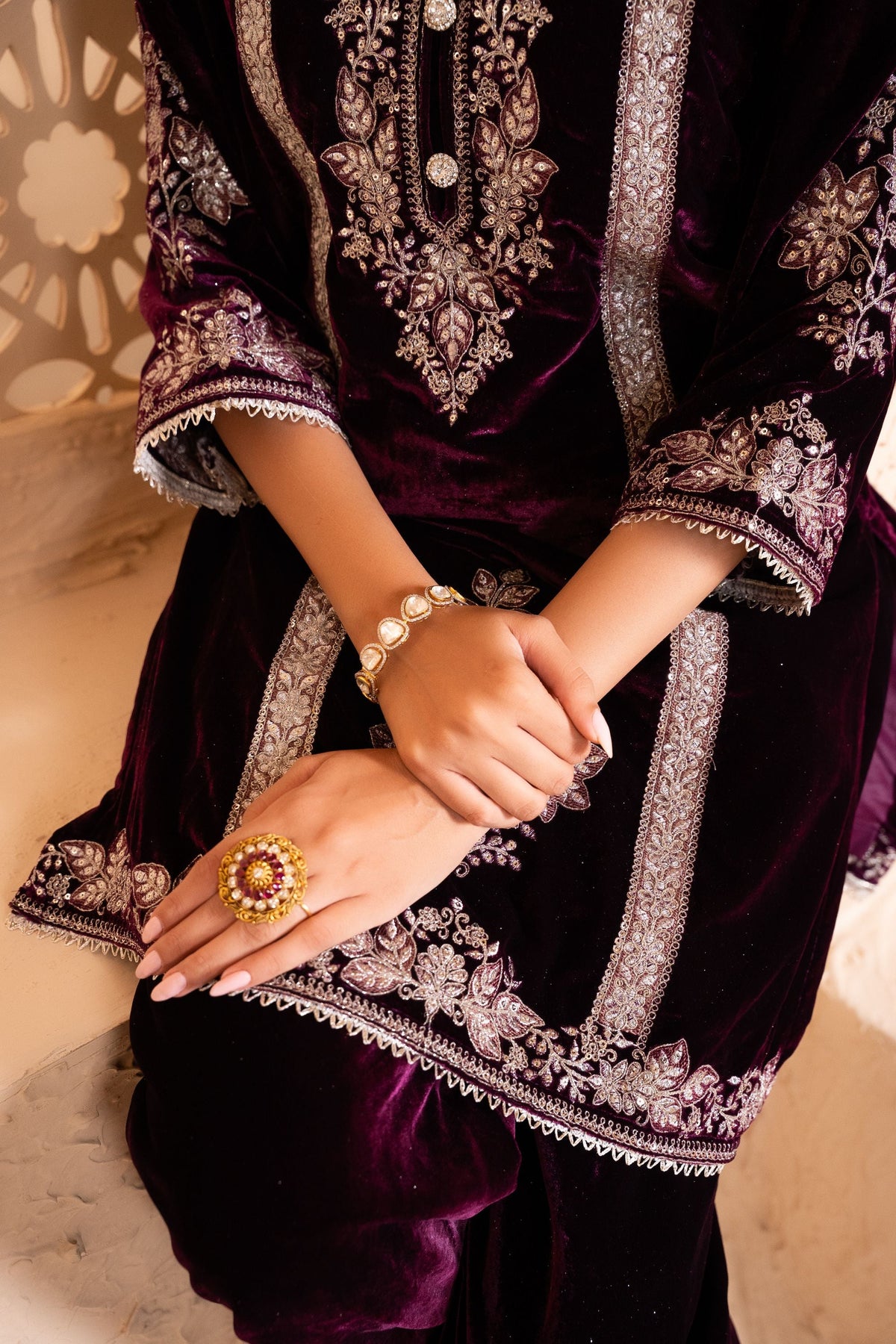 Zariya Silk Velvet Embroidered Wine  Suit Set