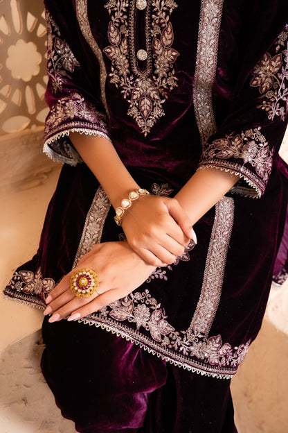 Zariya Silk Velvet Embroidered Wine  Suit Set