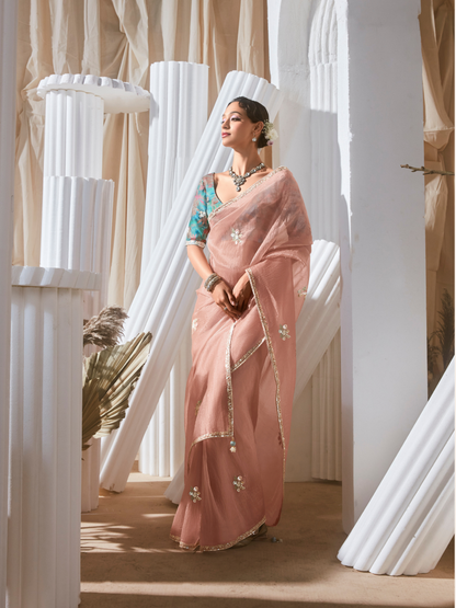 Dhiyona KM Women Peach Designer Organza Saree: Effortless Elegance For Every Occasion