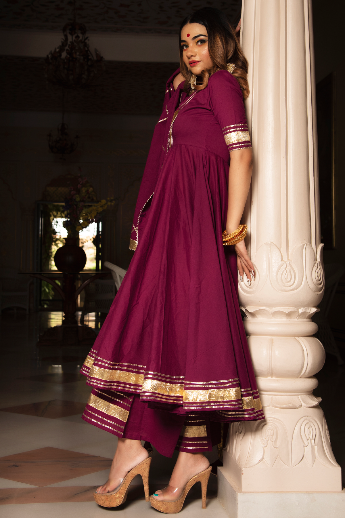 Burgundy Pure Cotton Anarkali Set