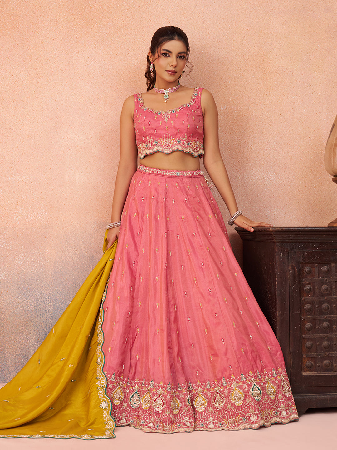 Pink- Cosmos Silk Beads & Sequins Embroidered Semi-Stitched Lehenga & Unstitched Blouse With Dupatta