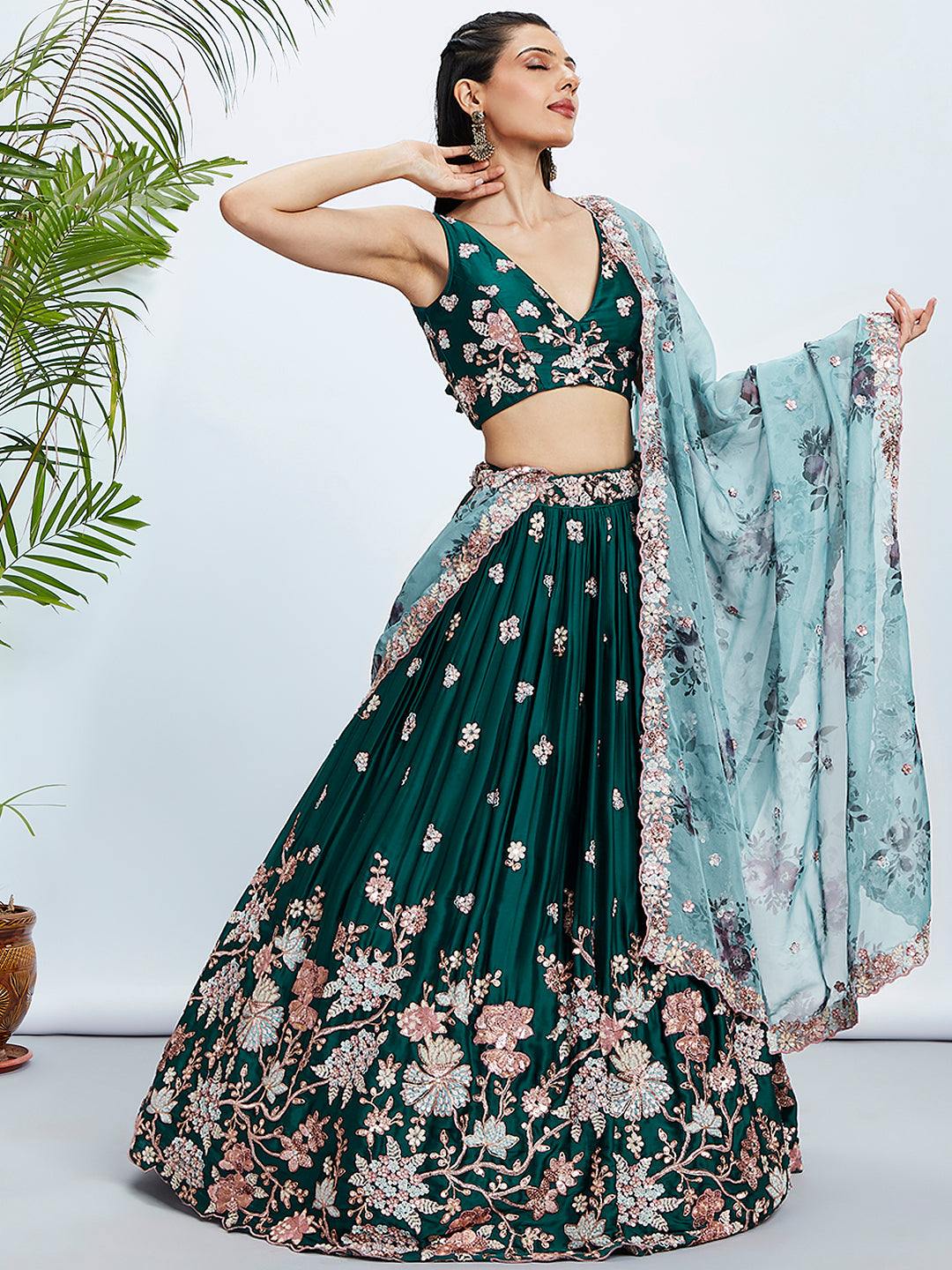 Women Green Pure Georgette Sequins and thread embroidery  Lehenga choli & Dupatta