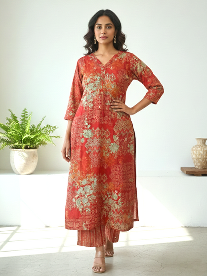 Reet Carmine Printed Work Suit Set