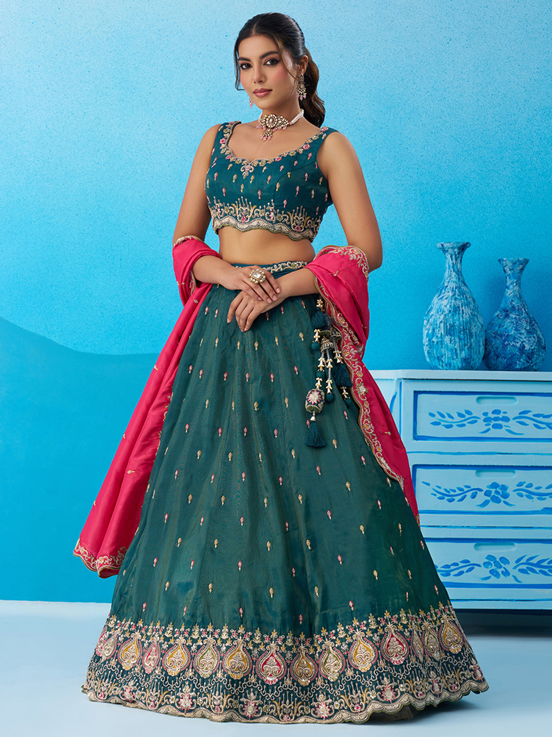 Teal- Cosmos Silk Beads & Sequins Embroidered Semi-Stitched Lehenga & Unstitched Blouse With Dupatta