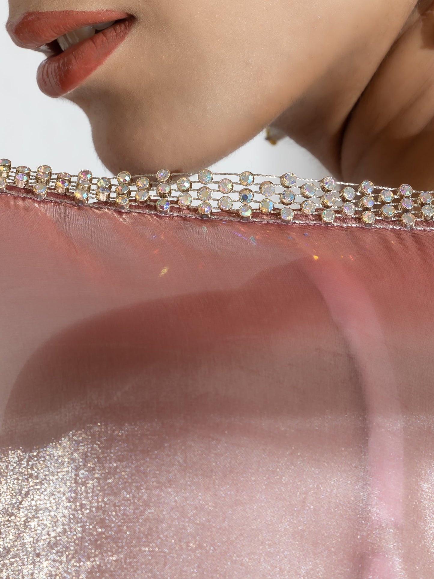 Dhiyona ST Mettalic Bloom Organza Satin Saree  with Diamond Studs and Self Blouse Fabric