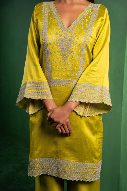 Ehsaas Silk Chanderi Embroidered Lime Green  Suit Set