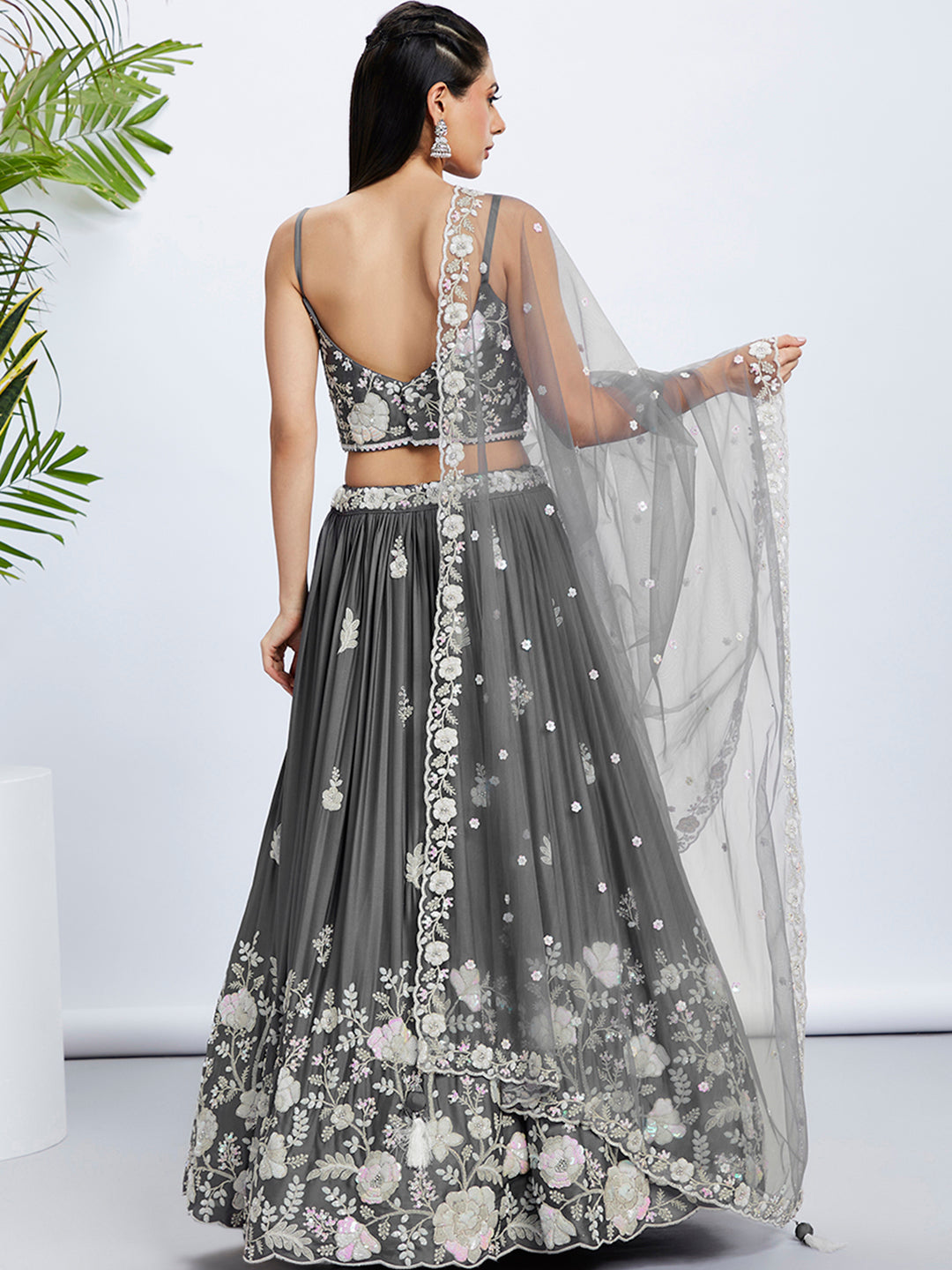 Women Grey Pure Georgette Sequins and thread embroidery  Lehenga choli & Dupatta