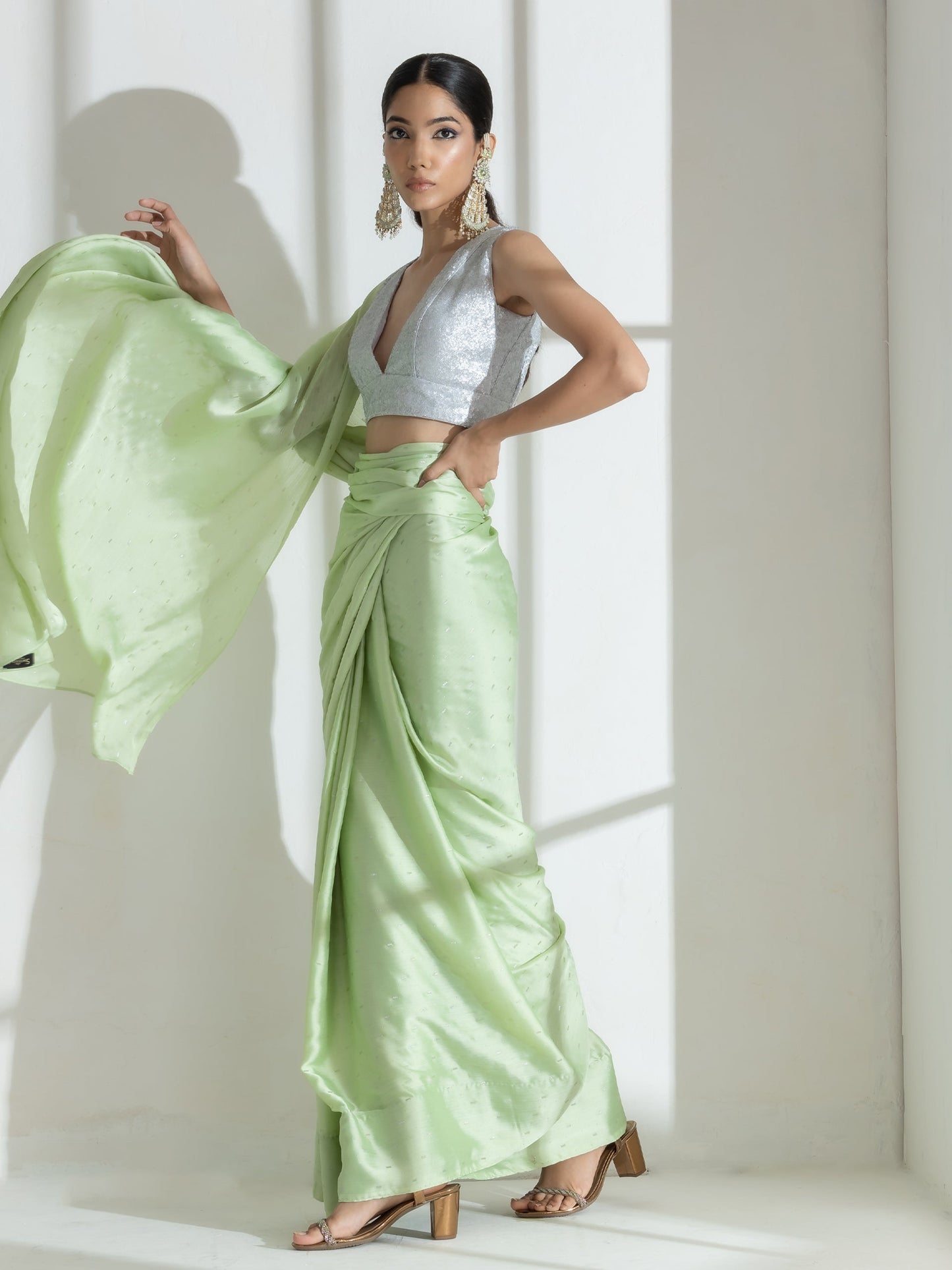 Dhiyona ST Mint Silver Printed Butter Chiffon Saree