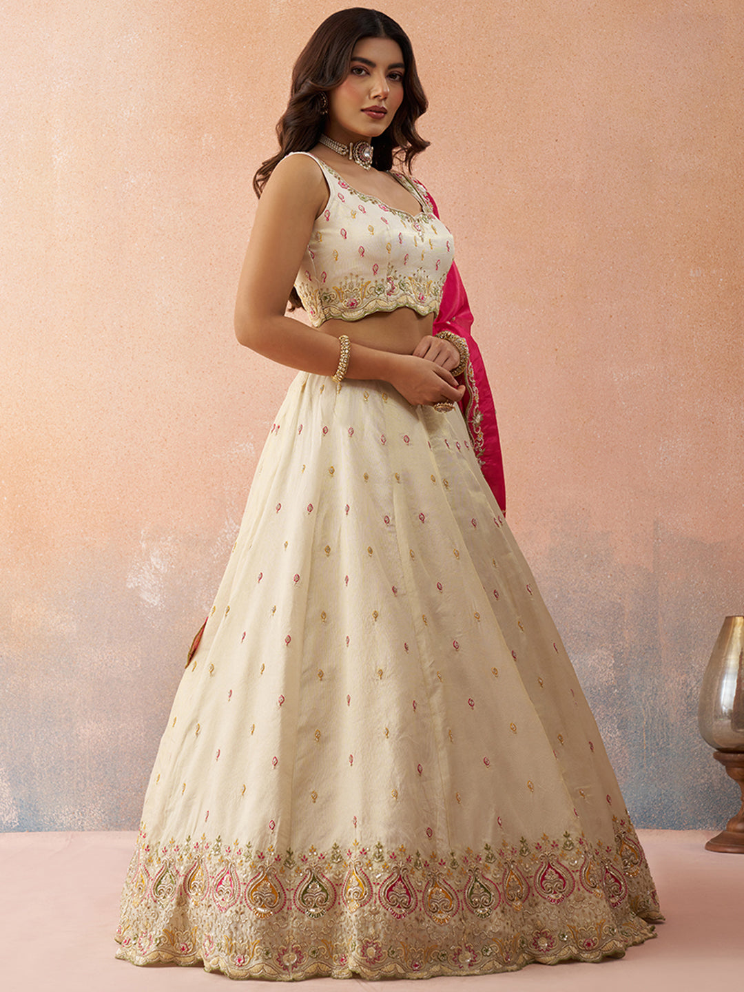 Cream- Cosmos Silk Beads & Sequins Embroidered Semi-Stitched Lehenga & Unstitched Blouse With Dupatta