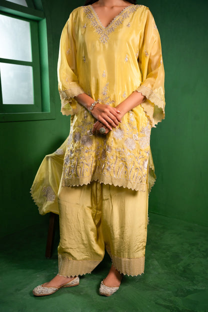 Rang Organza Embroidered Yellow  Kurta with Farsi Salwar