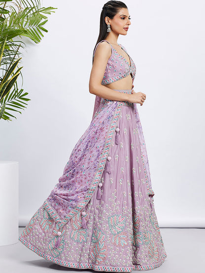 Women Lavender Pure Chiffon Sequins and thread embroidery  Lehenga choli & Dupatta