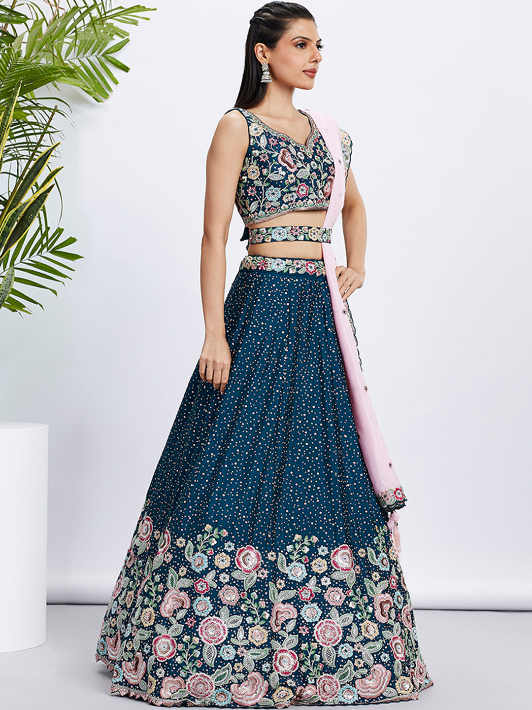 Women Navy blue Pure Chiffon Sequins and thread embroidery  Lehenga choli & Dupatta