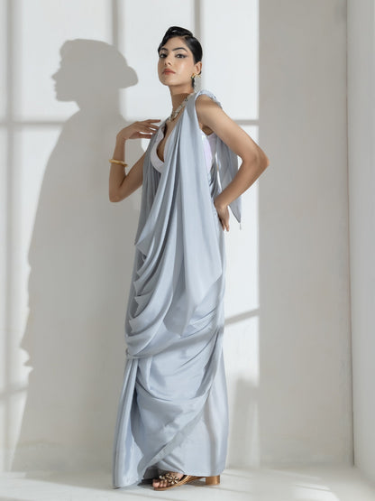 Dhiyona ST Quartz Grey Crepe Saree with beads and self Blouse fabric