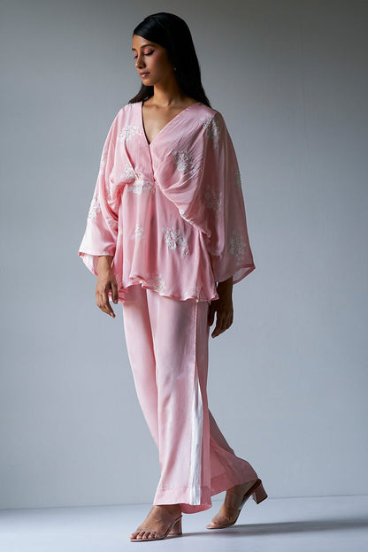 Women's Crystal Rose Crepe Silk Co-ord Set With Detailing Hand Embroidery on Top