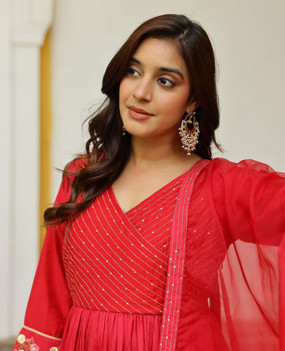 Surkh Red Chanderi Suit Set
