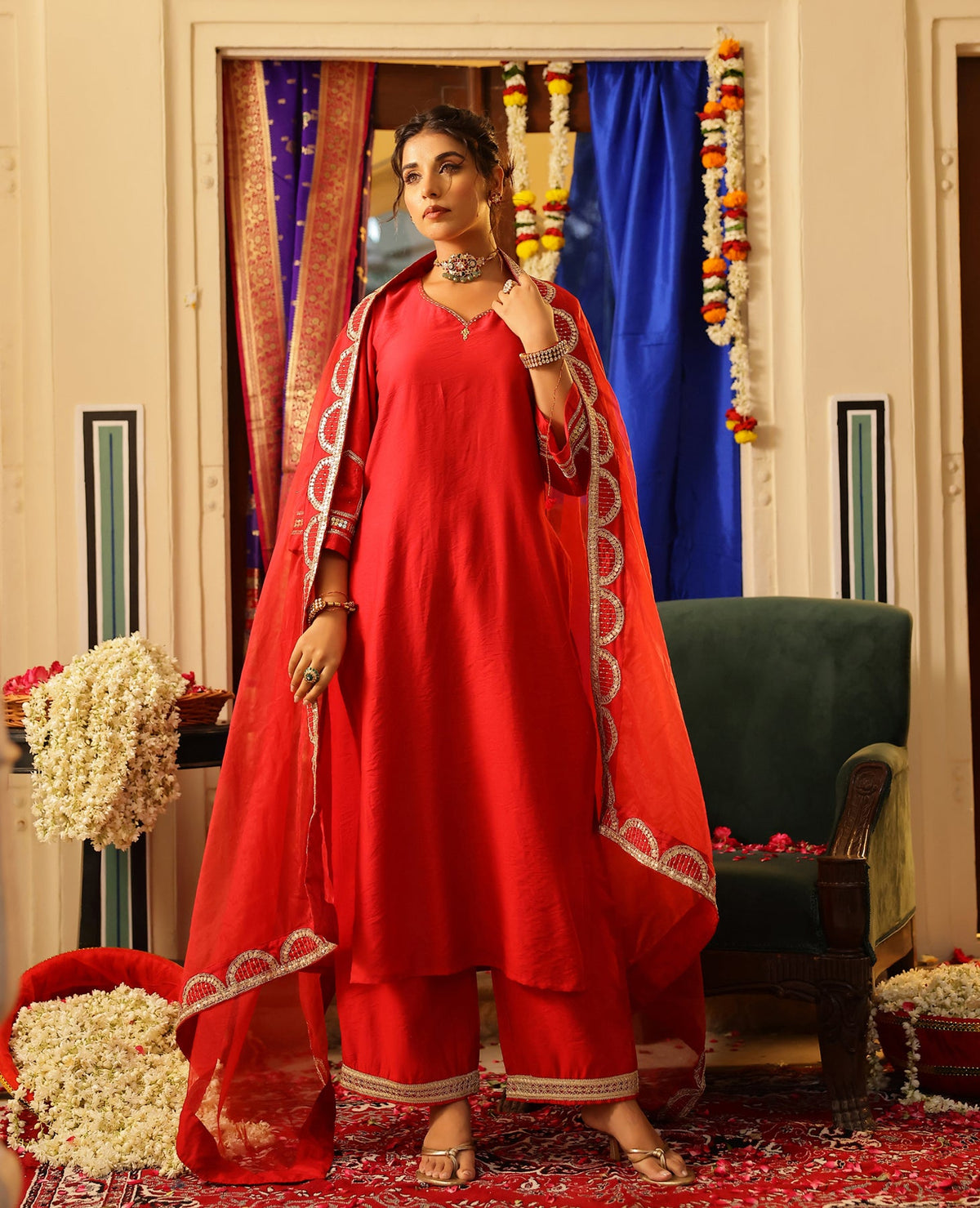 Parcha Red Chanderi Suit Set