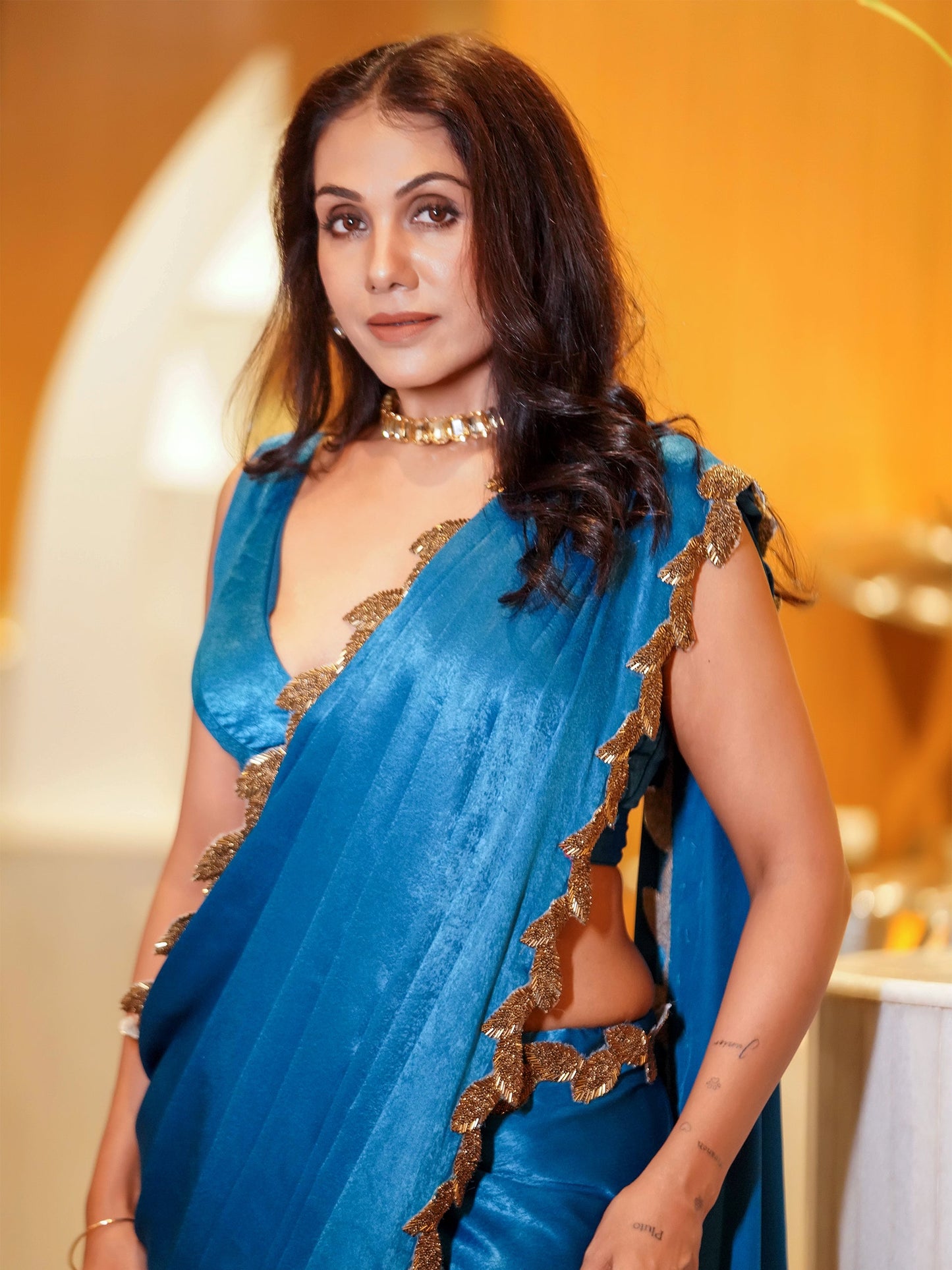 Dhiyona ST Bridal Posh Blue Saree with Bronze Leaf Hand Stitched Lace with Blouse Fabric
