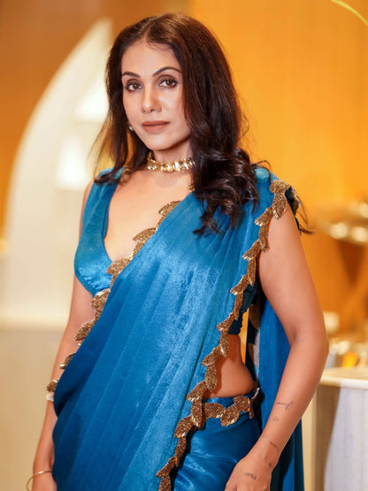 Dhiyona ST Bridal Posh Blue Saree with Bronze Leaf Hand Stitched Lace with Blouse Fabric