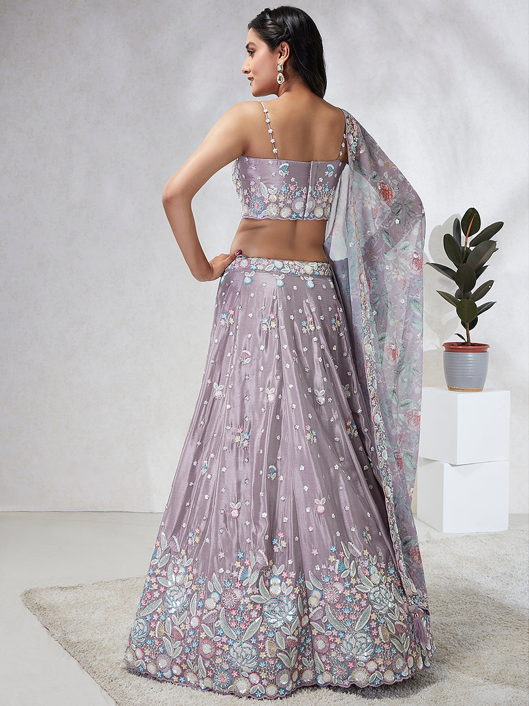 Women Mauve Chiffon Sequins and thread embroidery  Lehenga choli & Dupatta