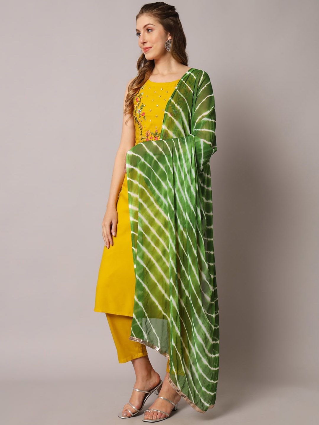 Dhiyona KL Floral Embroidered Mirror Work Straight Kurta with Trousers & Dupatta