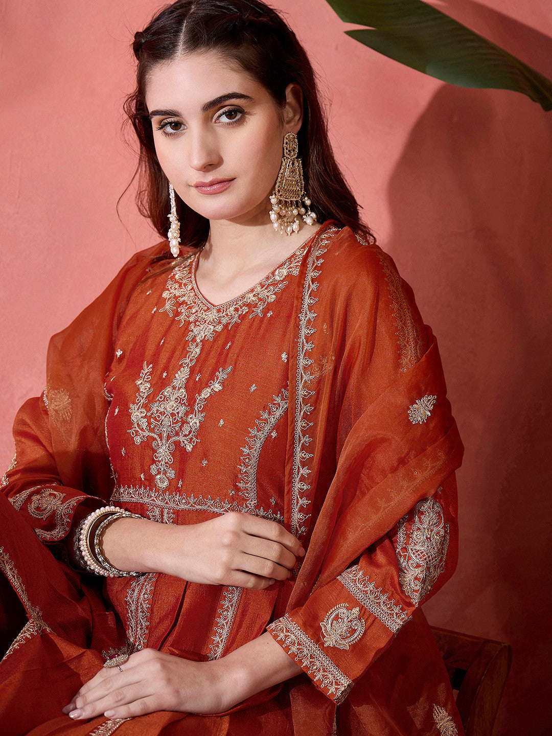 Orange Floral Embroidered Panelled Zari A-Line Kurta With Trousers And Dupatta