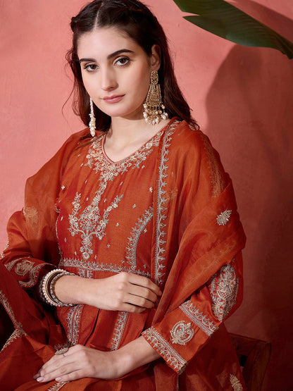 Orange Floral Embroidered Panelled Zari A-Line Kurta With Trousers And Dupatta