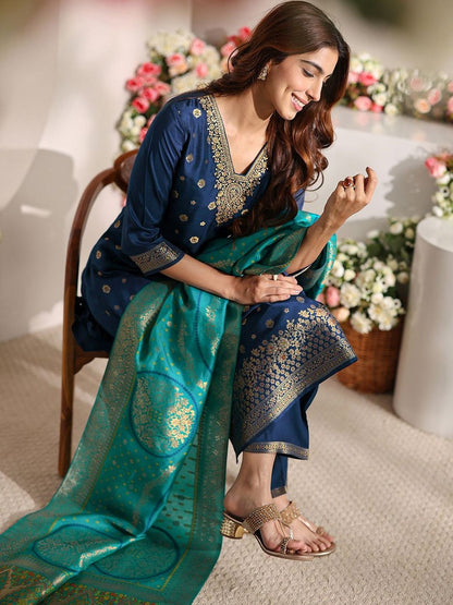 Blue Woven Design Straight Suit Set with Dupatta