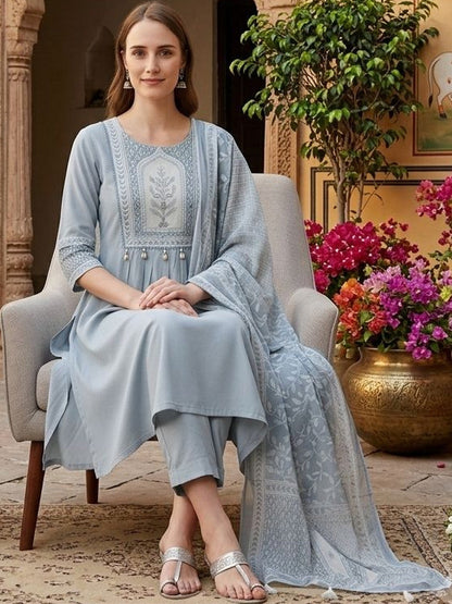 Women Ethnic Motifs Embroidered Empire Mirror Work Pure Cotton Kurta with Trousers & With Dupatta