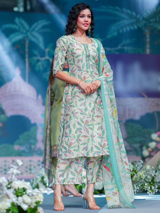 Off White Floral Printed Thread Work Straight Kurta With Trouser And Dupatta