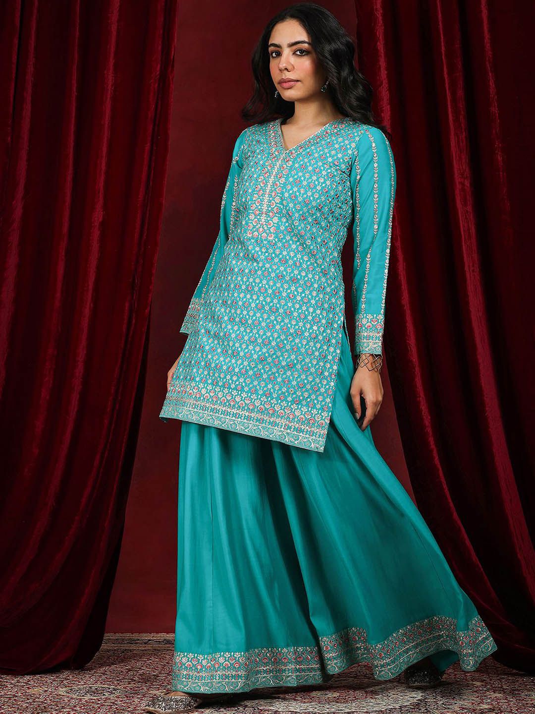 Dhiyona LL Floral Embroidered V-Neck Sequinned Straight Kurta With Palazzos & Dupatta