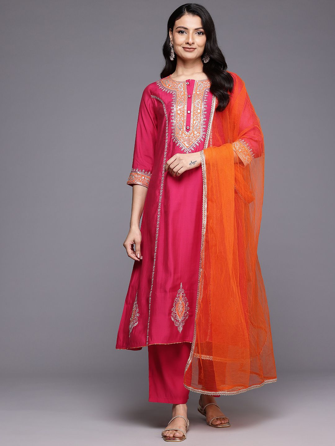 Dhiyona VA Ethnic Motifs Embroidered Zari Panelled Kurta With Palazzos & Dupatta