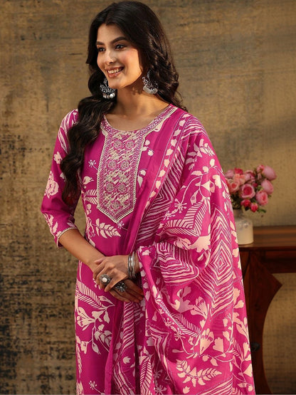 Rani Pink Floral Printed Cotton Blend Straight Suit Set