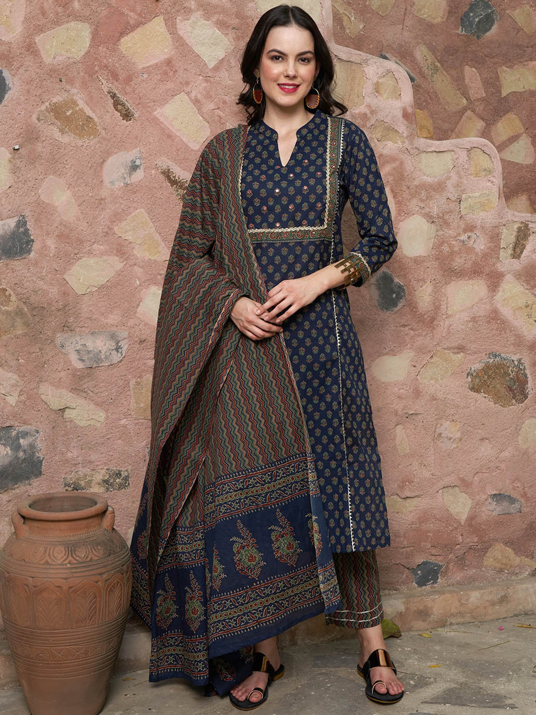 Printed Pure Cotton Kurta with Trousers & With Dupatta
