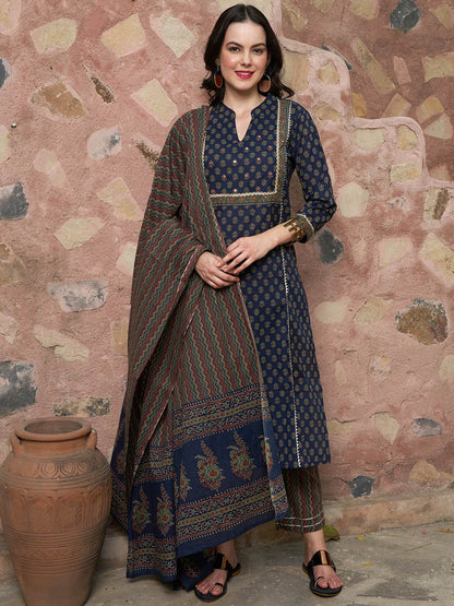 Printed Pure Cotton Kurta with Trousers & With Dupatta