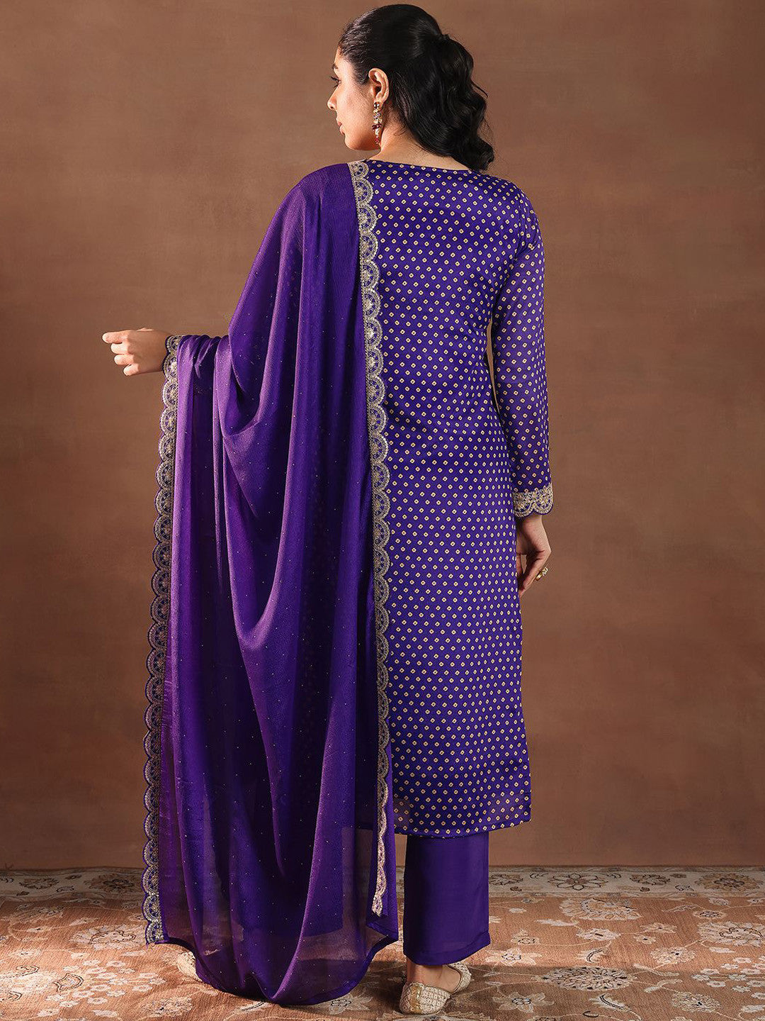 Bandhani Printed Thread Work Kurta With Trousers & Dupatta