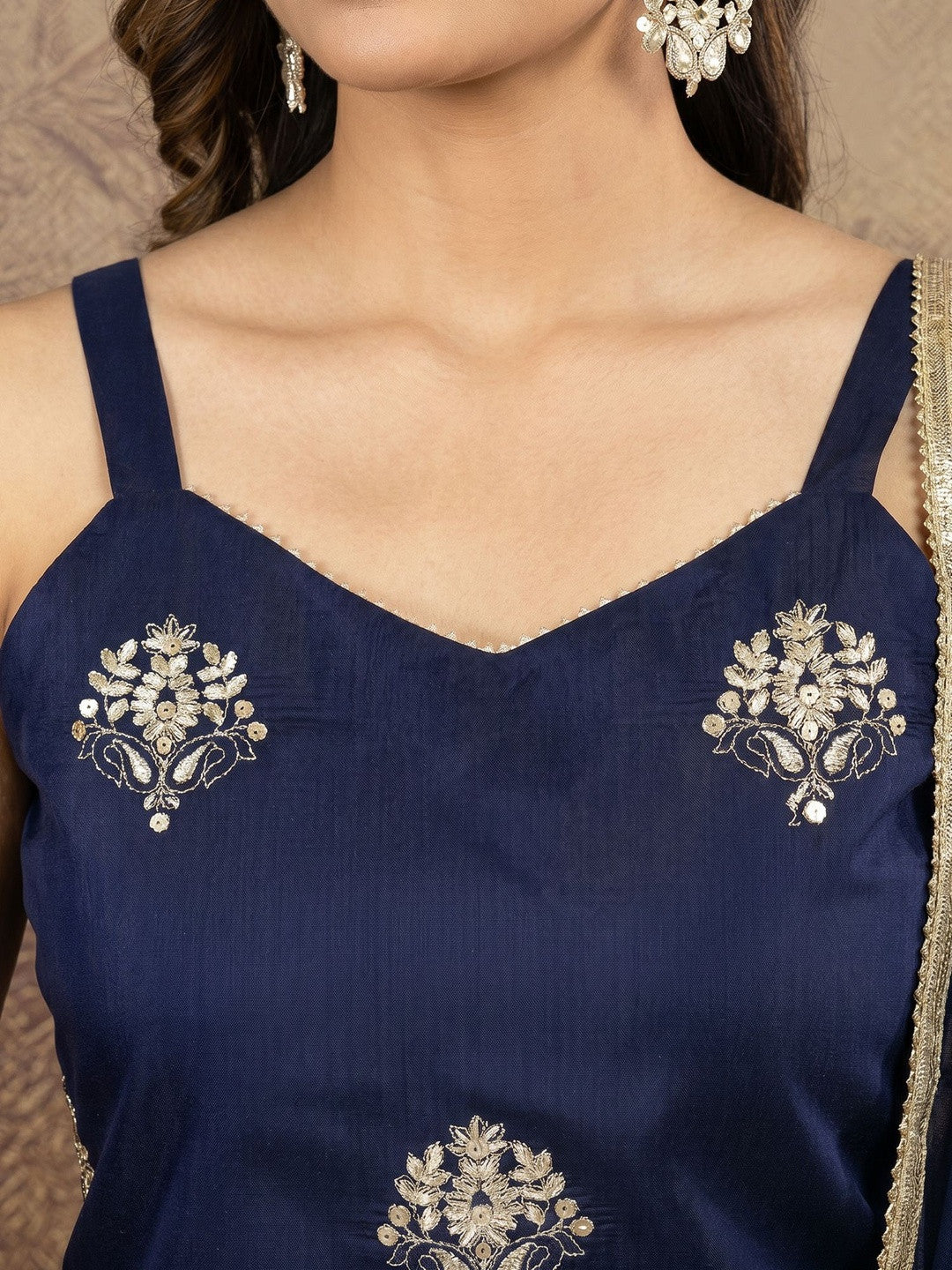 Embroidered Silk Blend Sweetheart Neck Kurta & Trousers With Dupatta