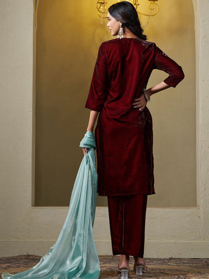 Women Velvet Embroidery Straight Kurta Pant With Dupatta Set