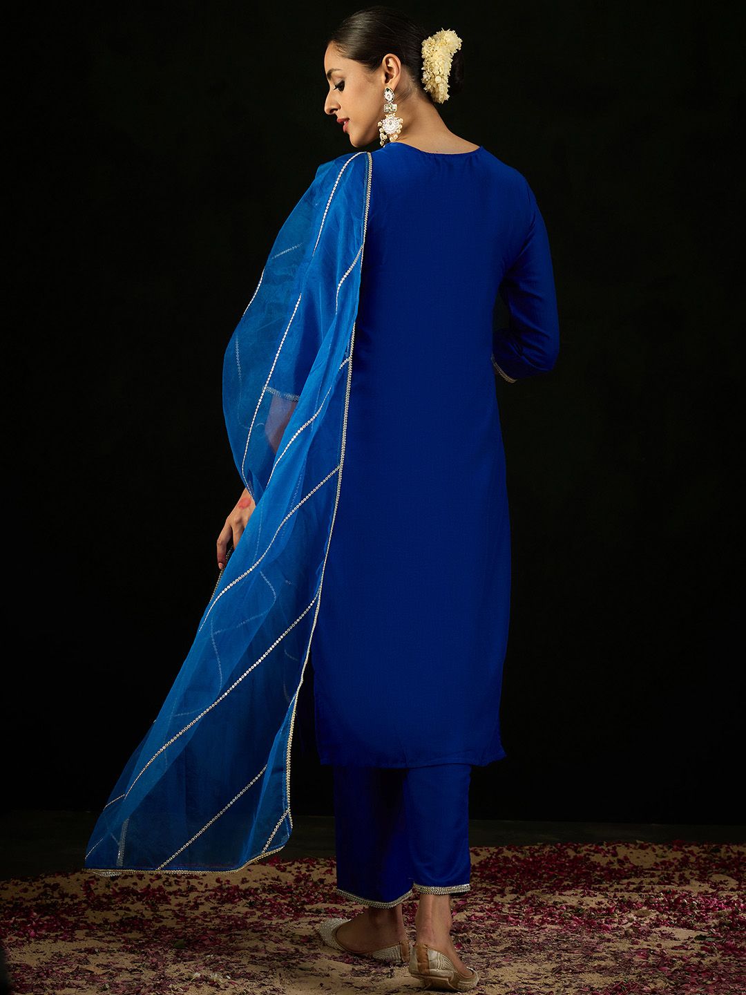 V Neck Floral Yoke Design Zardozi Straight Kurta with Trouser & Dupatta