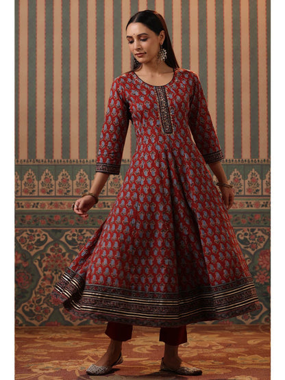 Dhiyona RR Women's Maroon Ethnic Motifs Printed Aari Work Pure Cotton Kurta with Trousers & With Dupatta